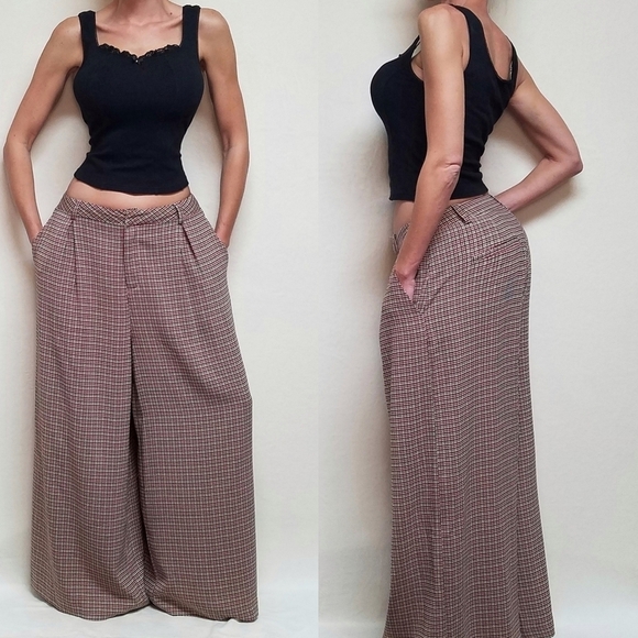 VINTAGE 80s Cross Country Woman Houndstooth Plaid Knit Wide Leg Palazzo Pants - Picture 1 of 12